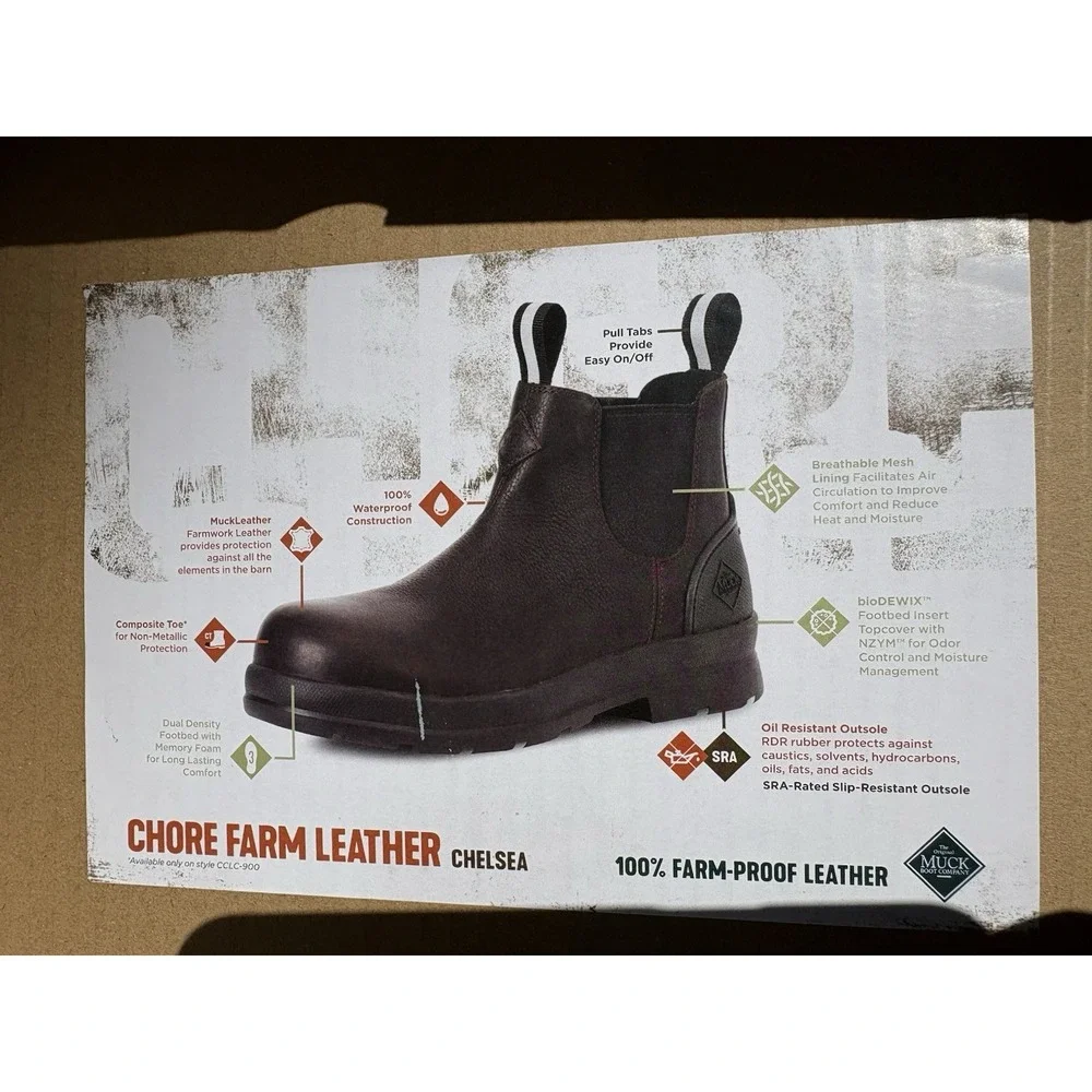 Muck Boots Mens 7.5 D Chore Farm Dark Brown Leather Waterproof  Chelsea Comp Toe